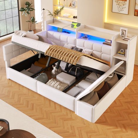 Lit banquette coffre 140x200 cm avec LED, USB/Type-C, étagère et Tabouret de rangement Canapé-lit avec rangement hydraulique Velours Blanc (1/5)