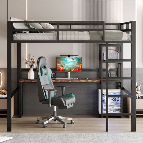 Lit mezzanine 140 x 200 cm - avec bureau - avec USB + Type-C - garde-corps - échelle - noir (sans matelas)
