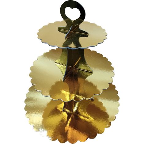 Support À Gâteaux En Carton - 3 Niveaux - Hauteur Totale 32,6 Cm - Diamètres 16 / 23 / 30 Cm - Or / Or Rose / Argent - 1 Pièce (1/5)