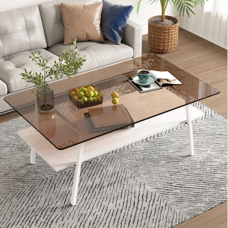 Tavolino da caffè rettangolare in vetro temperato 98x58x42,5 cm con MDF e gambe in metallo bianche (1/5)