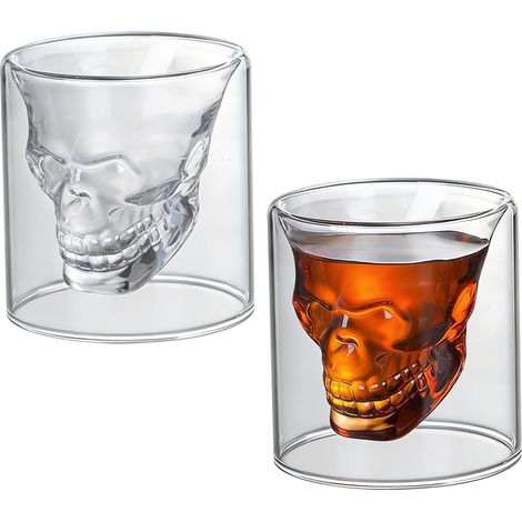 2 Pcs Verres à Shot en Forme de Tête de Mort,Verres à Whisky,Verre a Rhum,Crâne Verre Double Paroi pour Bar Fête Maison Vodka Liqueur(250ML) (1/5)
