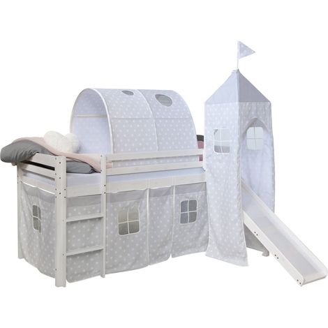 Letto a soppalco 90x200cm con scala e scivolo in legno bianco tessuto grigio con stella tunnel e torre LIT06182