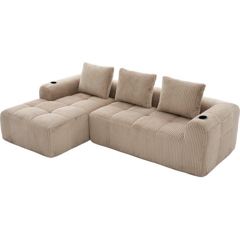 Canapé compact en velours côtelé, doux, modulaire et pratique au quotidien, avec poche latérale et porte-gobelet. Confort haut de gamme pour de longues périodes assises, avec 3 coussins. Idéal pour le (1/5)