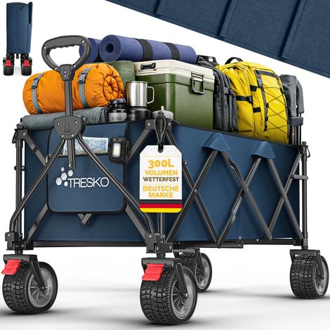 TRESKO® Bollerwagen faltbar 300L mit Bremse Blau Handwagen klappbar 150kg inkl. Vollgummireifen Faltbarer Strandwagen mit Extra Breite All-Terrain-Räder Gartenwagen Transportwagen mit Tragetasche (1/5)