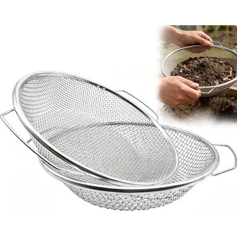 Lot de 2 tamis de jardin ronds en acier inoxydable 30 cm, mailles de 6 mm avec poignée, pour terre, sable, graines, compost, gravier et pierres (1/5)