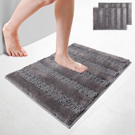 VOUNOT® 2er-Set Chenille Badematte Rutschfeste, Mikrofaser Badezimmerteppich 50x80cm Grau