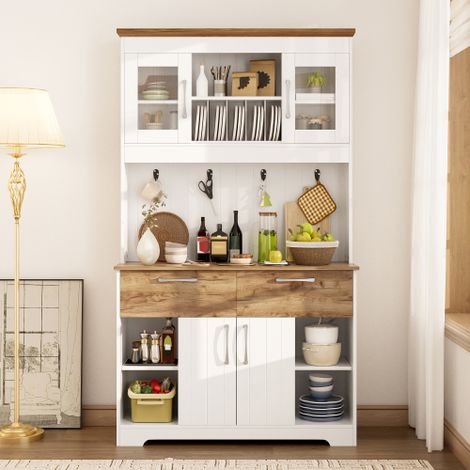 Buffet de cuisine grand format avec espace de rangement, vitrines décoratives, 2 tiroirs coulissants, portes fermées et barre porte-crochets – meuble polyvalent pour cuisine, salle à manger ou entrée,