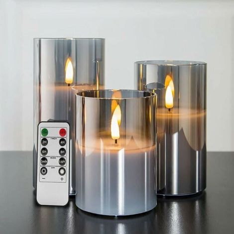 Silver Grey Glass Flameless Flickering Candles with Remote Control, 3 Pack Realistic LED Fake Candles ∅ 3 H 4 5 6 (1/5)