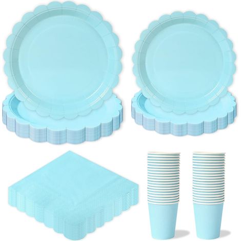Vaisselle Jetable Anniversaire Bleu - 96 Pièces - Carton - Pour 24 Invités - Baby Shower Garçon (1/5)