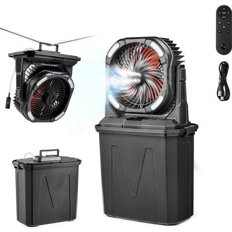 Mophorn Tragbarer Campingventilator mit 2700 U/min Motor, Nebelfunktion, 9-L-Wassertank, 10000-mAh-Akku, 4 Geschwindigkeitsstufen und 5 Beleuchtungsmodi – ideal für Outdoor-Aktivitäten wie Camping