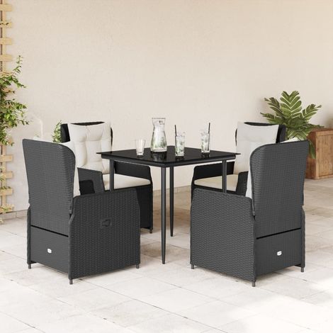 Ensemble de Jardin 5 Pièces Noir Résine Tressée avec Coussins Crème - Table 80x80cm Verre Trempé, Chaises Inclinables (1/5)