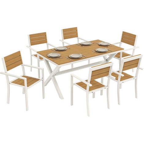 Salon de jardin 7 pièces table 6 chaises empilables aspect bois cadre aluminium teck