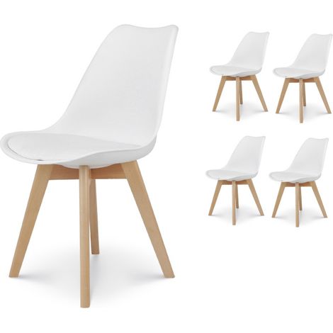 Set di 4 sedie bianche in stile scandinavo modello VICTOIRE - scocca imbottita in resina bianca e gambe in legno naturale