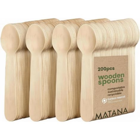 200 Cuillères en Bois 16 cm - Cuillères Jetables, Compostables & Biodégradables, 100% Naturelles - Dessert, Dégustation, Glaces & Catering - Bouleau Lisse sans Échardes (1/5)