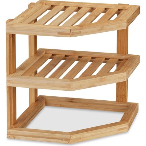 Pratico scaffale angolare da cucina a 2 livelli per condimenti e bottiglie in bambù naturale 130012297