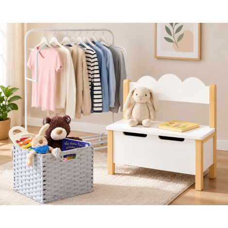 Conjunto para el pasillo familiar (3 piezas): banco para juguetes infantiles, perchero doble de hierro y cesta de mimbre (1/5)