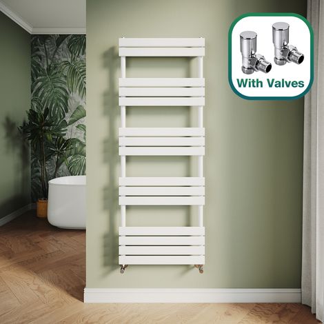 ELEGANT Modern Central Heating Towel Radiator Bathroom Flat Panel Heated Towel Rail 1600x600mm White + Angled Radiator Valves