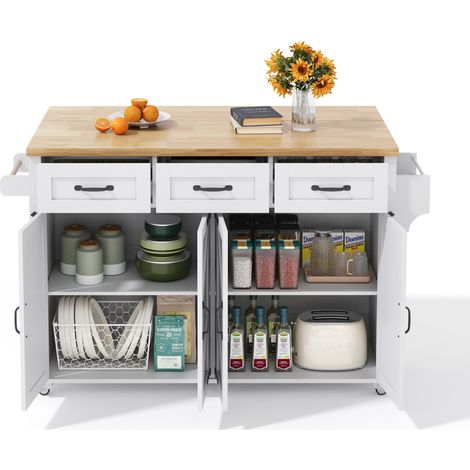 CHICFURN Isla de cocina 140x43(70)x90,5 cm, MDF blanco y natural, encimera abatible, 5 ruedas (1/5)