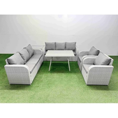 Fimous Rattan High Back Lounge Sofa Set Patio Dining Table & Chairs Set with 3 Seater Sofa 2 Reclining Chairs Side Table Light Grey (1/4)