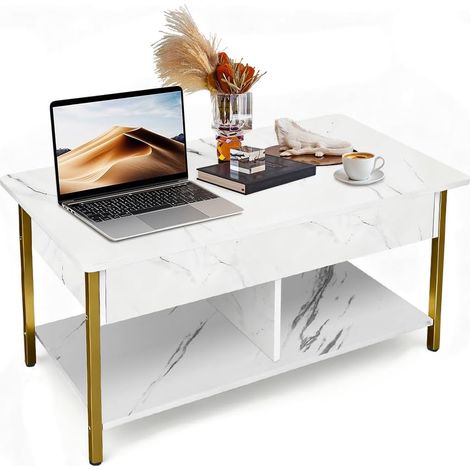 Marble Effect Coffee Table, Side Table for Living Room, Diameter 70 + 50 cm, Large Round, MDF, for Living Room, Bedroom, Balcony-70 x 70 x 45 cm (Burnt Wood + Black Legs) (1/5)