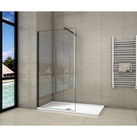 Aica Sanitaire – Paroi de douche 50x200cm noire mat – 8mm verre anticalcaire – Installation angle – Barre de fixation 140cm incluse (1/7)