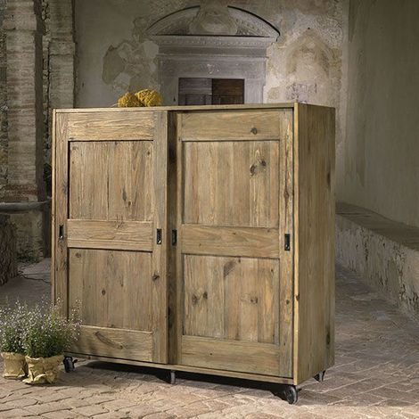 Credenza con Ruote in Pino Vecchio 6 Ripiani Ante Scorrevoli Guarnieri Girasole