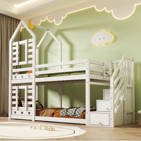 Letto a castello per bambini 90x200 cm con 3 cassetti, design a casetta sull'albero e sponde di sicurezza, senza materasso, bianco (1/5)