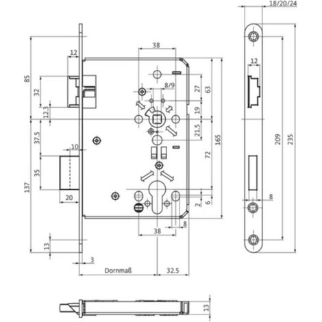 Serrure à larder à cylindre type BKS 515 axe 55 mm entraxe 72 mm carré 8 mm têtière inox de 235 x 18 x 3 mm Din gauche - BKS