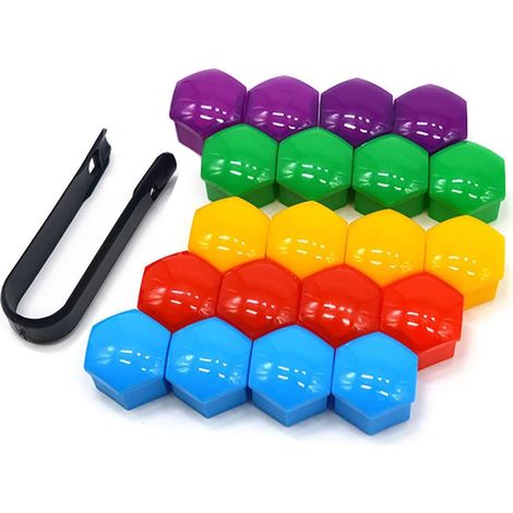 20 Pièces 19 mm Voiture Roue Cache-Écrous, Bouchon à Vis de Moyeu de Voiture Universel, Cache-Écrou de Pneu Hexagonal avec Outil de Retrait (Rouge Jaune Bleu Vert Violet) (1/5)