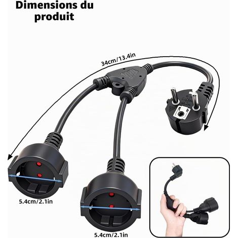 Multiprise double 2 prises 16A‑4000W noire, protection intérieur extérieur maison bureau camping voyage (1/4)