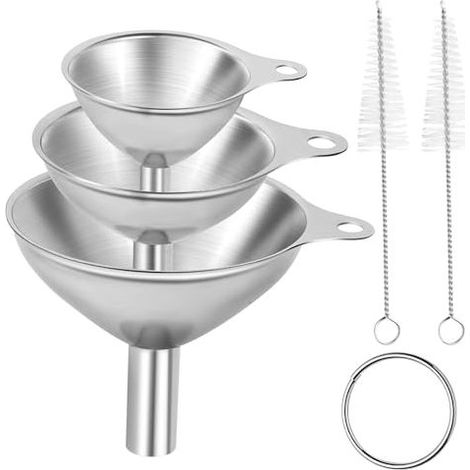 Imbuto in acciaio inox, set da 3 imbuti da cucina con spazzolini per la pulizia, mini imbuti di diverse dimensioni per riempire bottiglie e trasferire liquidi. (1/5)