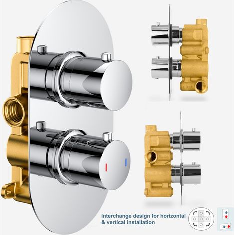 Chrome Round Twin Dual Concealed Thermostatic Shower Mixer Valve - Single Outlet (1/4)