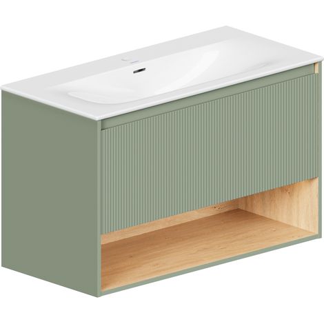 BERNSTEIN - Mueble lavabo suspendido MDF Verde Jade mate, lavabo DURAVIT Blanco brillo, orificio grifería, rebosadero, desagüe 103x49x62cm - BELDIVO Verde jade mate (1/5)
