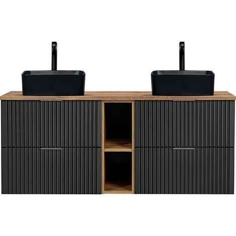 Badezimmer Doppel-Waschtisch, 141cm, mit schwarze Aufsatzbecken, ADELAIDE-56-BLACK, matt schwarz mit Eiche Nb., Rillenoptik, B/H/T ca. 140,6/73,2/46,5 cm (1/5)