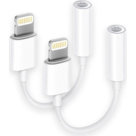Lot de 2 adaptateurs Lightning vers jack casque 3,5 mm, adaptateur auxiliaire pour Adapté à iPhone, convertisseur audio compatible avec Adapté à iPhone 14, 13, 12, 11, X, XS, 8, 7 (1/5)
