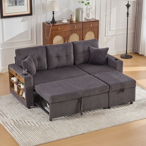 Canapé-lit 196 x 82-144 x 85 cm en velours côtelé gris foncé avec rangement, LED et USB-C (1/5)