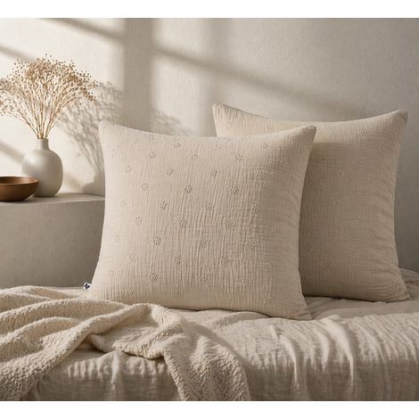 Lot de 2 Taies d’Oreiller 60 x 60 cm – Gaze de Coton Brodée – GAÏA BOHO Ficelleodée – GAÏA BOHO Abricot