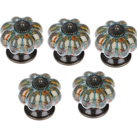 5x Poignée de Tiroir en Céramique Style Européen Boutons Meuble en Forme de Citrouille Vintage Bleu avec Vis (1/4)