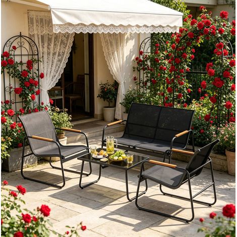 Conjunto de jardín de 4 piezas de metal negro y mesa de cristal - MEUBLIV (1/5)