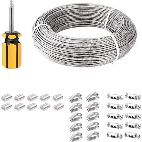 cable acier 3mm, 50 M cable plante grimpante exterieur, Câble métallique, fil de tension pour clôture, câble métallique pour suspendre des lampes extérieures, câble pour rideaux (50M) (1/5)