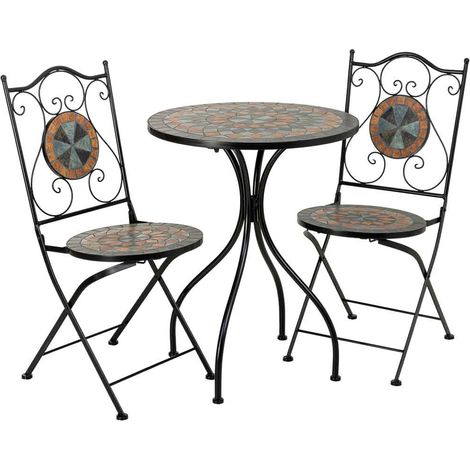 Conjunto mesa y 2 sillas de mosaico y forja marrón, mesa:D60x75h-silla