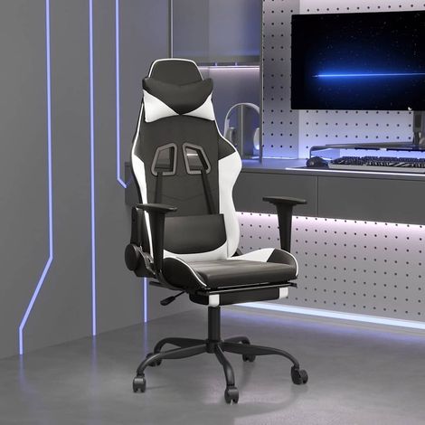 vidaXL Silla gaming con reposapiés cuero sintético negro blanco (1/5)