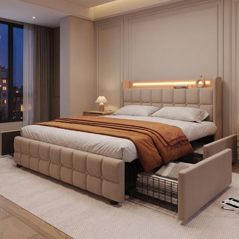 Lit adulte 160x200 cm avec 4 tiroirs, Lit double capitonné avec éclairage LED et ports USB, Cadre de lit 160x200 avec sommier et rangement, Lit 2 places pour adulte et adolescent, Lin, Beige (1/5)