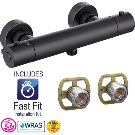 Black Thermostatic Bar Mixer Shower Valve Round Bottom Outlet + Fast Fit Kit (1/4)