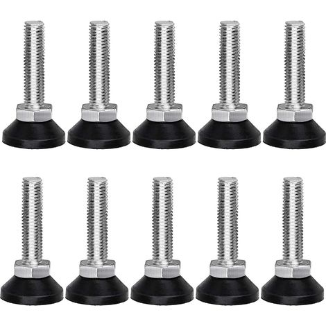 10 Pcs Pied de Nivellement pour Meubles, Vis Réglage Meuble Ajustable Mobilier Filetage M10 x 38 mm Vérin Outil Réglable Table Lit Placard, Noir, Argent (1/5)