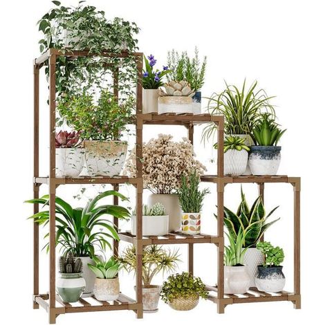 Porte plante - BAMWORLD - Échelle 7 Pots - Bois d'eucalyptus carbonisé - Montage sans vis - Intérieur/extérieur (1/5)