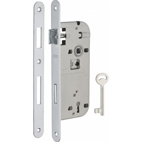 Serratura Patent da incasso 90mm x 45mm, reversibile, piastra tonda, richiamo 1/2 giro, 1 chiave, cromo opaco - THIRARD