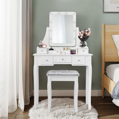 Coiffeuse Table de Maquillage avec 10 Ampoules LED avec 5 Tiroirs et Boîtes de Rangement Amovibles Blanc Maison Chic (1/4)