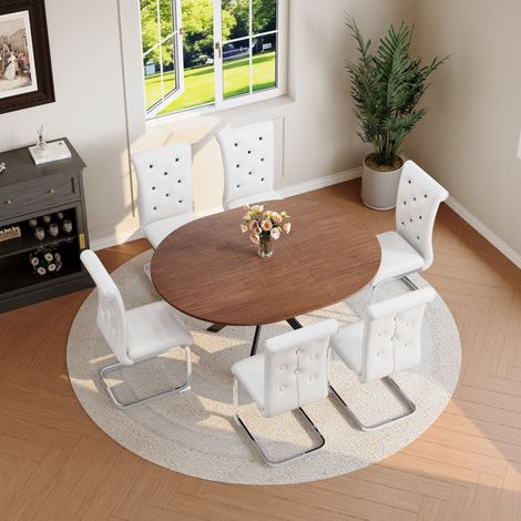 Ensemble de salle à manger avec table ronde en bois extensible et 6 chaises de salle à manger blanches, ensemble de cuisine gain de place en simili cuir avec capitonnage boutonné et structure porte-à-