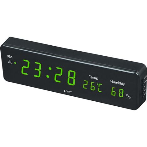 Horloge murale numérique LED grand écran avec thermomètre et hygromètre, horloge de bureau/table verte (1/4)